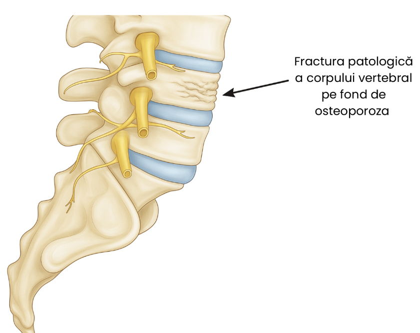 Ilustrație medicală a coloanei vertebrale evidențiind o fractură patologică a corpului vertebral pe fond de osteoporoză, cu tasare vertebrală