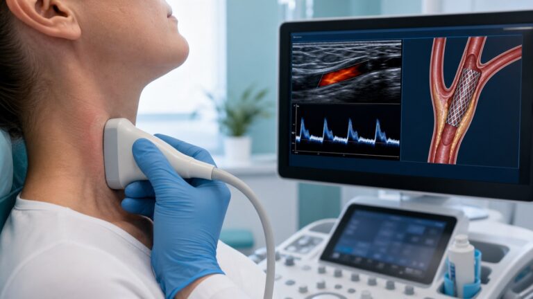 control Doppler după stentare carotidiană și monitorizarea fluxului prin carotidă
