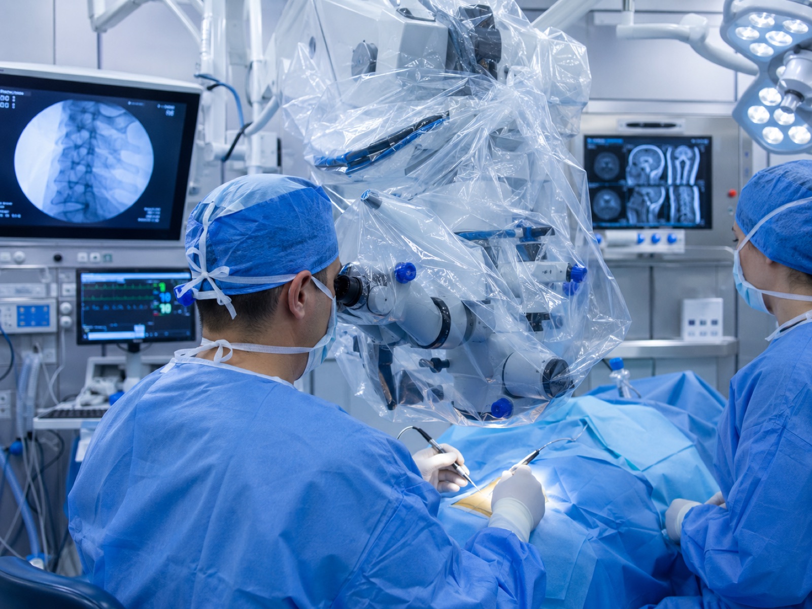 Chirurgie microscopică pentru hernie de disc cervicală cu microscop acoperit steril
