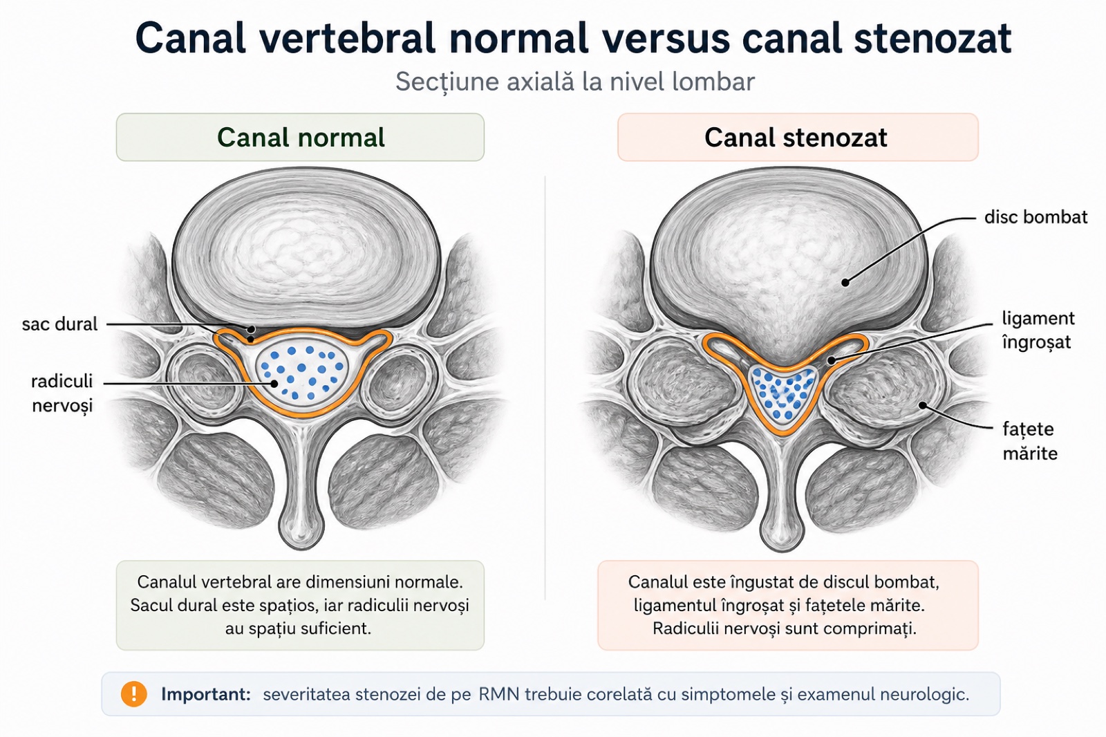 stenoză de canal vertebral - canal normal versus canal stenozat