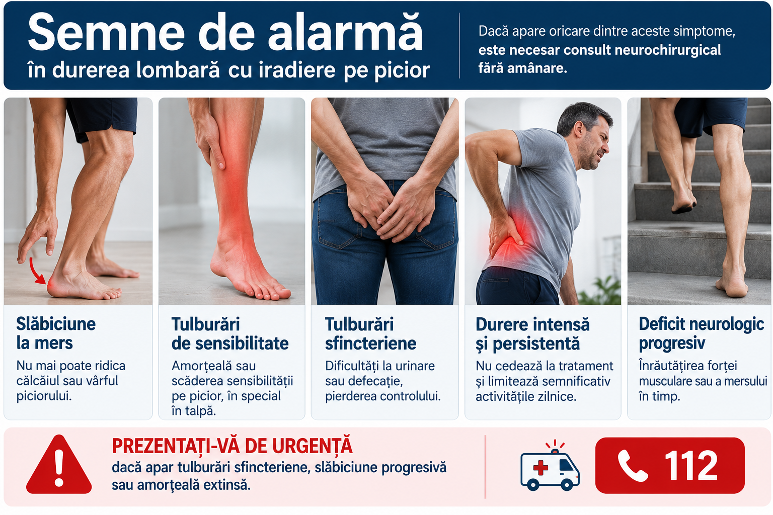 Semne de alarmă în durerea lombară cu iradiere pe picior care cer evaluare urgentă: 112 sau UPU