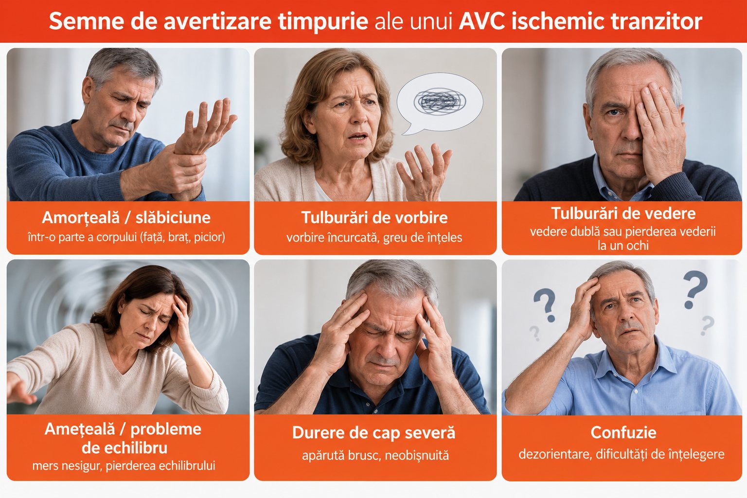 Semne de avertizare timpurie ale unui AVC ischemic tranzitor: amorțeală sau slăbiciune, tulburări de vorbire și de vedere, amețeală și probleme de echilibru, durere de cap severă, confuzie